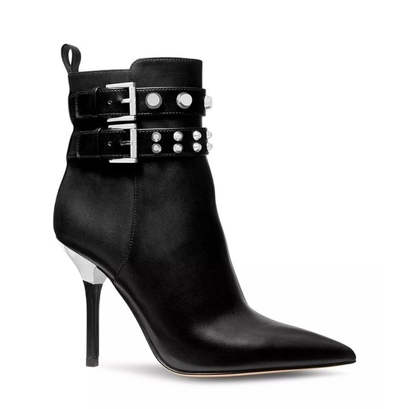 NIB Michael Kors Amal Buckled Studded Leather Black Ankle Boots - Picture 1 of 13